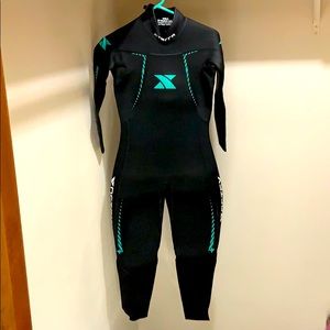 Wetsuit with gloves and swim cap.